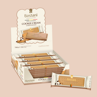 Display box of individually wrapped Gold Cookie Cream bars with coffee