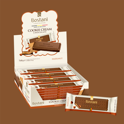 Display box of individually wrapped hazelnut Cookie Cream bars