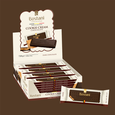 Display box of individually wrapped dark chocolate Cookie Cream bars