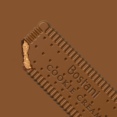 Close-up of a milk chocolate hazelnut Cookie Cream bar with biscuit cream