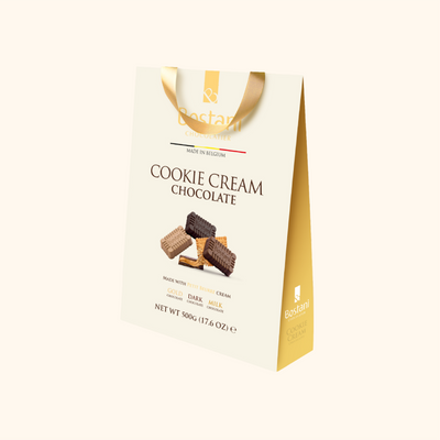Bostani Cookie Cream Chocolate gift bag with gold ribbon handle