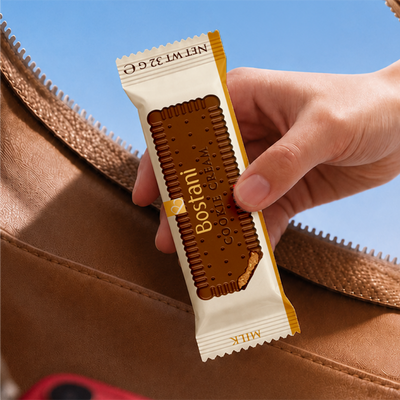 Hand holding a wrapped milk chocolate Cookie Cream bar