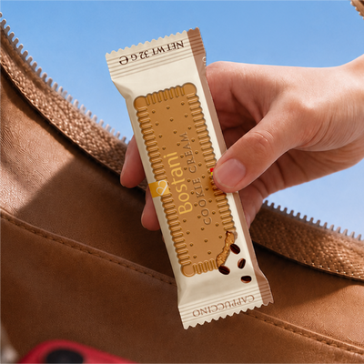 Hand holding a wrapped Gold Cookie Cream cappuccino bar