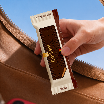 Hand holding a wrapped dark chocolate Cookie Cream bar