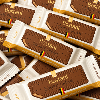 Individually wrapped milk chocolate Cookie Cream bars, made in Belgium