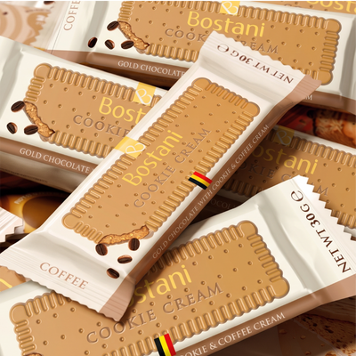 Individually wrapped Gold Cookie Cream bars with coffee, made in Belgium