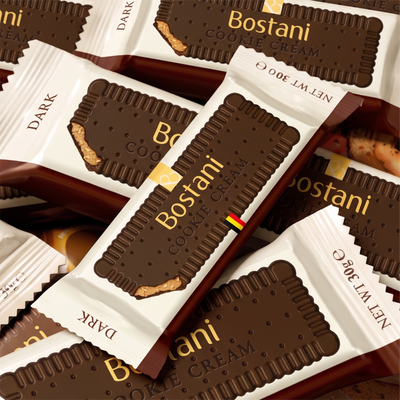 Display box of individually wrapped Gold Cookie Cream bars with coffee