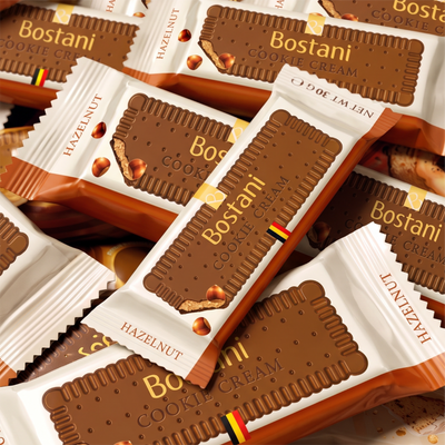 Individually wrapped milk chocolate hazelnut Cookie Cream bars