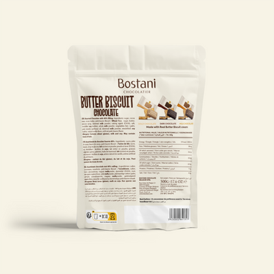 Back of the Butter Biscuit Chocolate bag with ingredients and nutrition information
