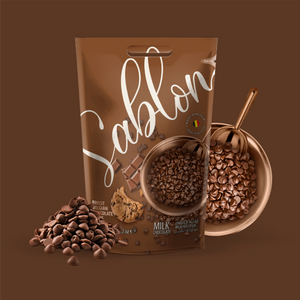 Bostani Sablon milk Belgian chocolate chips bag with a bowl of chips