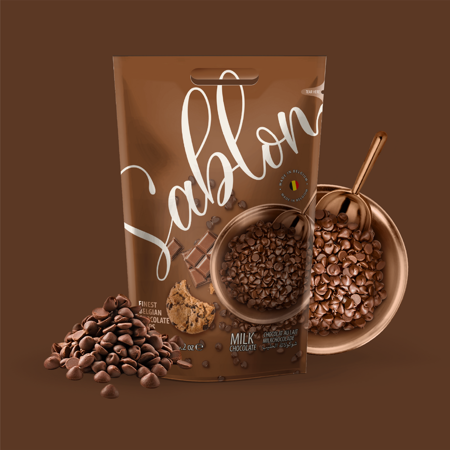 Bostani Sablon milk Belgian chocolate chips bag with a bowl of chips