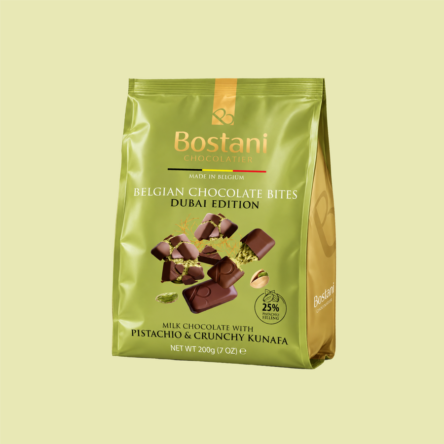 Bostani Dubai Edition Belgian chocolate bites bag, milk chocolate with pistachio and kunafa