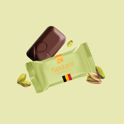 Individually wrapped Dubai Edition chocolate bite with pistachios