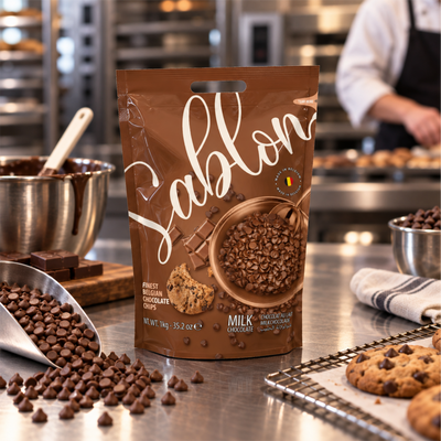 Sablon milk chocolate chips bag in a bakery kitchen with cookies