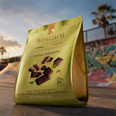 Dubai Edition Belgian chocolate bites bag outdoors at sunset