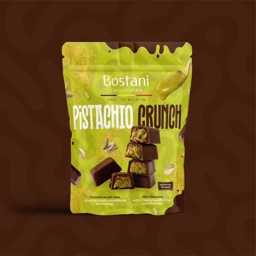 Bostani Pistachio Crunch bag, milk chocolate with pistachio filling