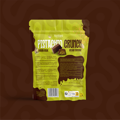 Back of the Pistachio Crunch bag with ingredients and nutrition information