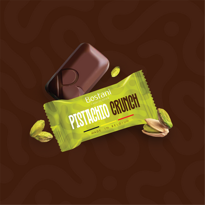 Individually wrapped Pistachio Crunch chocolate bite with pistachios