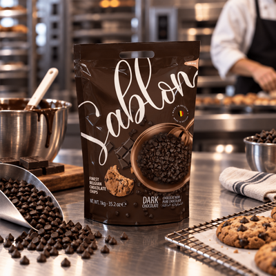 Sablon dark chocolate chips bag in a bakery kitchen with cookies