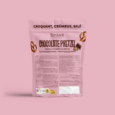 Back of the Chocolate Pretzel bag with ingredients and nutrition information